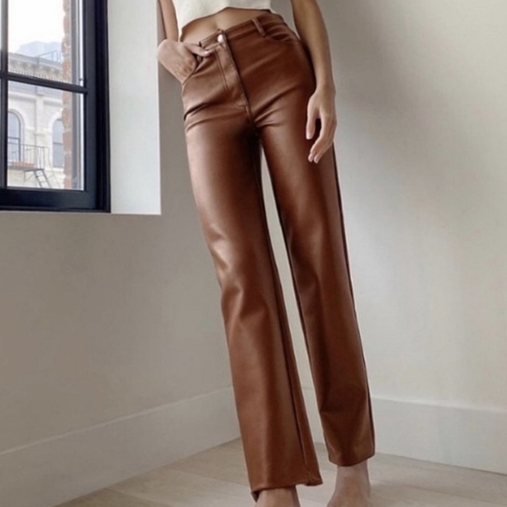 Aritzia Melina Pant Cognac Brown Faux Leather Straight Leg Trouser size 4